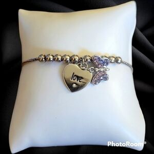 Sterling Silver Beaded Cubic Zirconia Butterfly Love Adjustable Tennis Bracelet